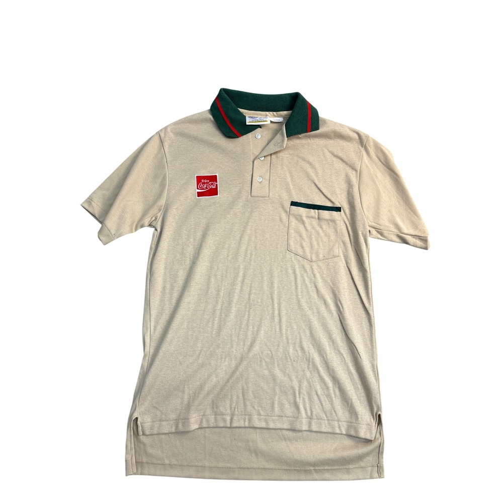 Vintage Riverside Coca-Cola Polo Shirt Mens Medium Tan Green Workwear USA Made